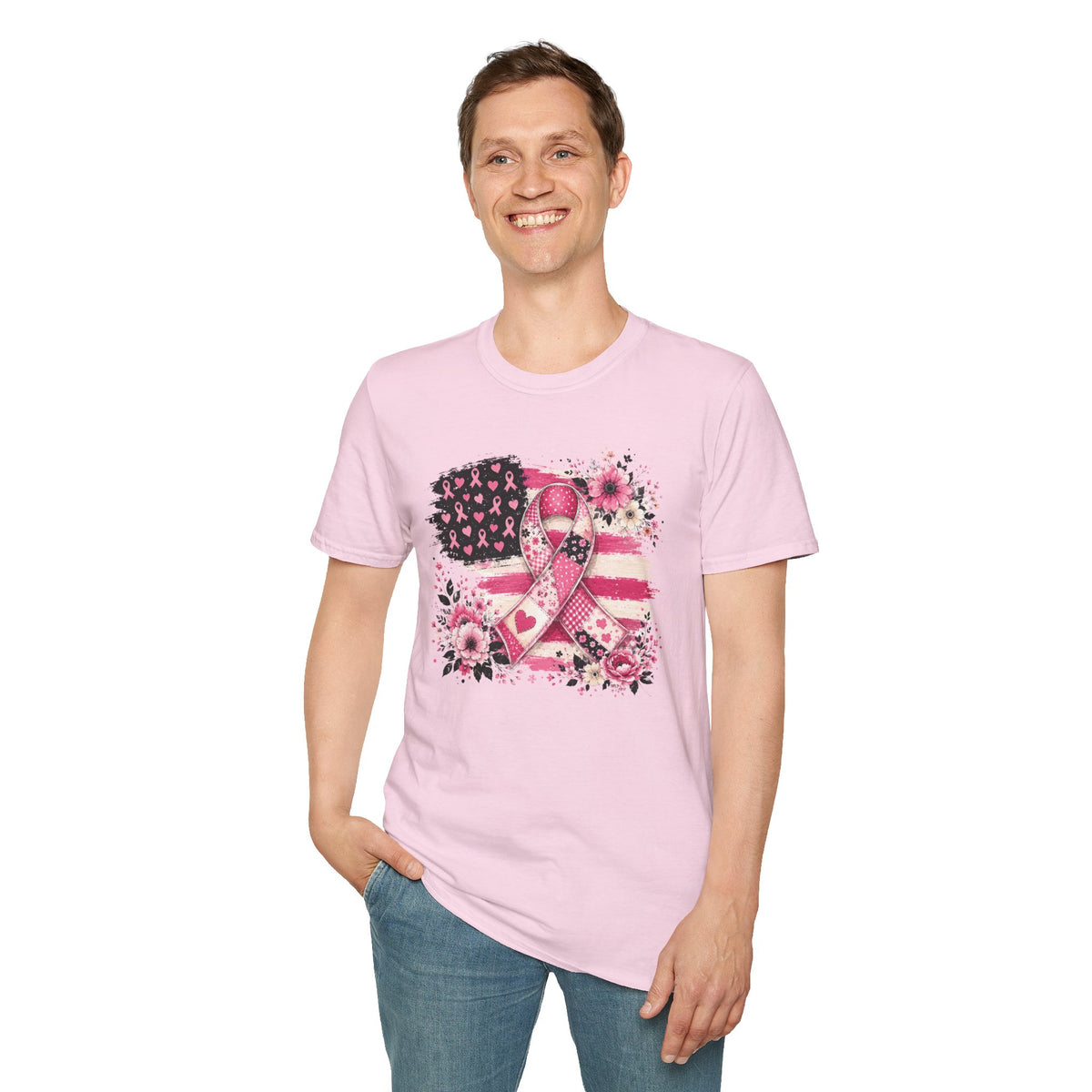 Breast Cancer Awareness Ribbon Tee — Pink Flag Floral Support