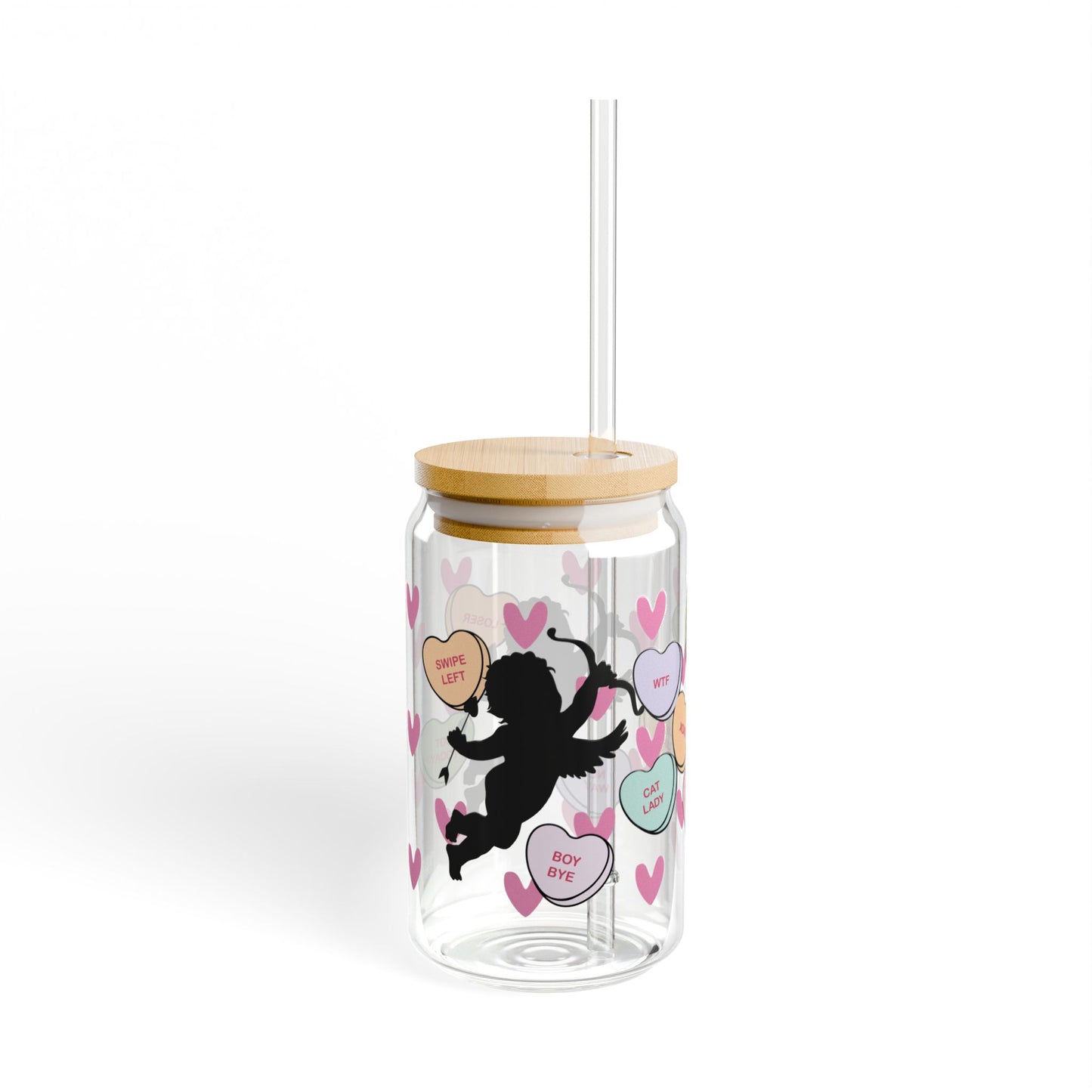 Cupid and Conversation Hearts Pattern Sipper Glass, 16oz