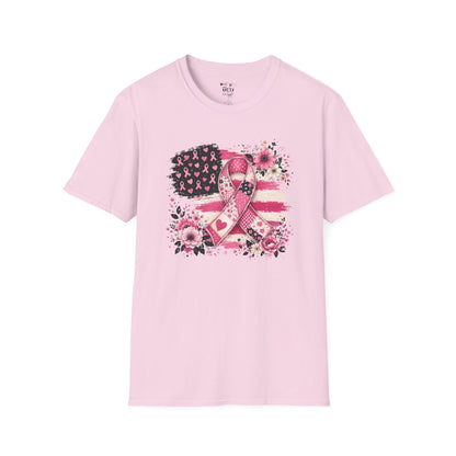 Breast Cancer Awareness Ribbon Tee — Pink Flag Floral Support