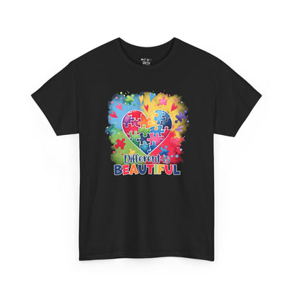 Autism Awareness T-Shirt – 'Different is Beautiful' Colorful Puzzle Heart Tee