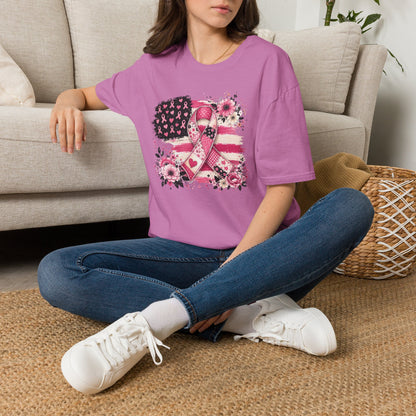 Breast Cancer Awareness Ribbon Tee — Pink Flag Floral Support