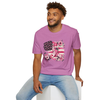 Breast Cancer Awareness Ribbon Tee — Pink Flag Floral Support