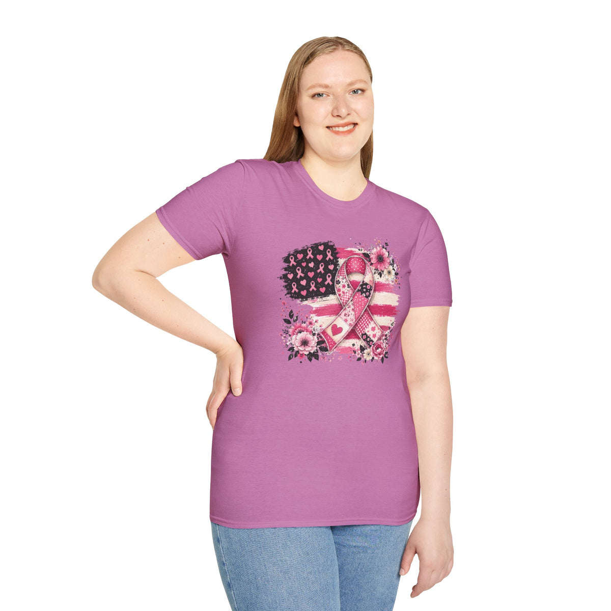 Breast Cancer Awareness Ribbon Tee — Pink Flag Floral Support