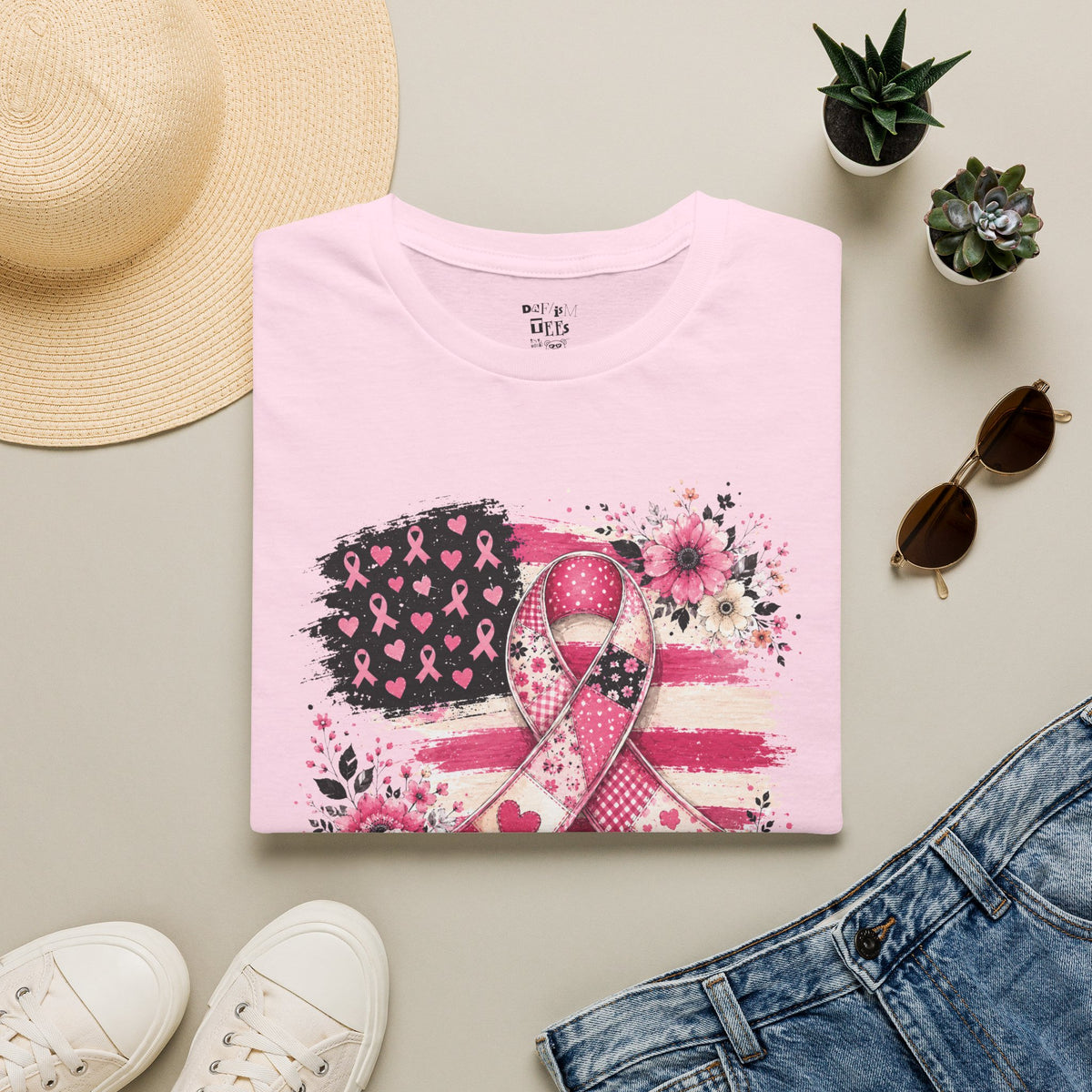 Breast Cancer Awareness Ribbon Tee — Pink Flag Floral Support