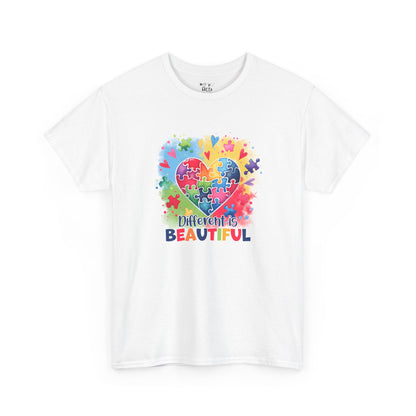 Autism Awareness T-Shirt – 'Different is Beautiful' Colorful Puzzle Heart Tee