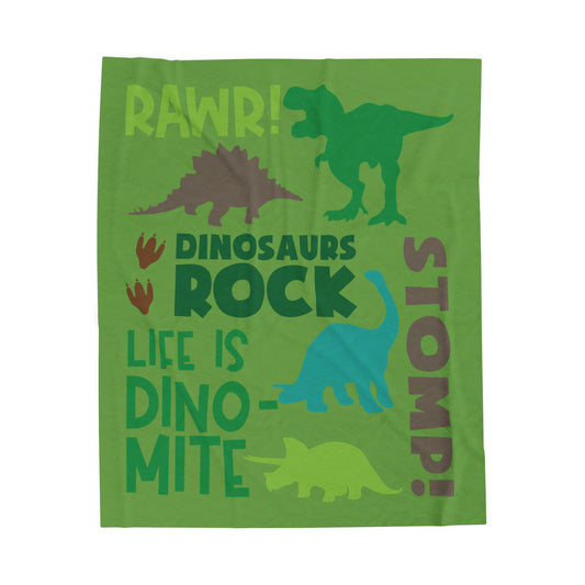 Dinosaur-Themed Velveteen Plush Blanket – "Dinosaurs Rock!" Cozy Kids Throw