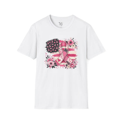 Breast Cancer Awareness Ribbon Tee — Pink Flag Floral Support
