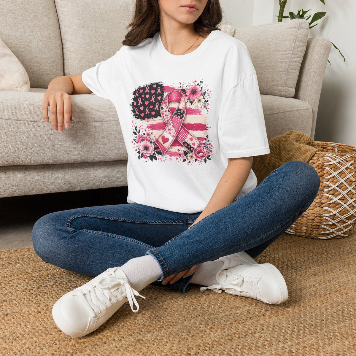 Breast Cancer Awareness Ribbon Tee — Pink Flag Floral Support