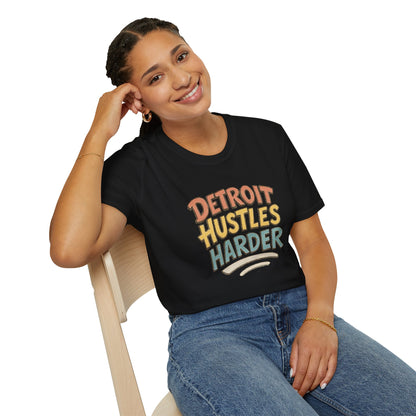 Detroit Hustles Harder T-Shirt — Retro Motivational Tee for Detroit Pride & Hustle