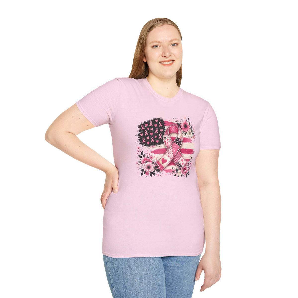 Breast Cancer Awareness Ribbon Tee — Pink Flag Floral Support