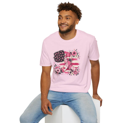 Breast Cancer Awareness Ribbon Tee — Pink Flag Floral Support