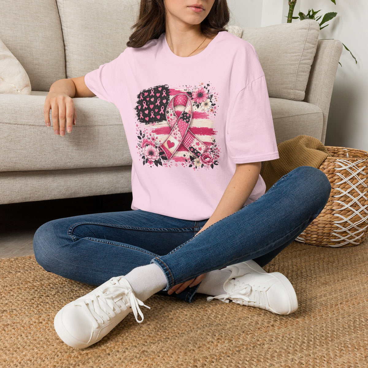 Breast Cancer Awareness Ribbon Tee — Pink Flag Floral Support