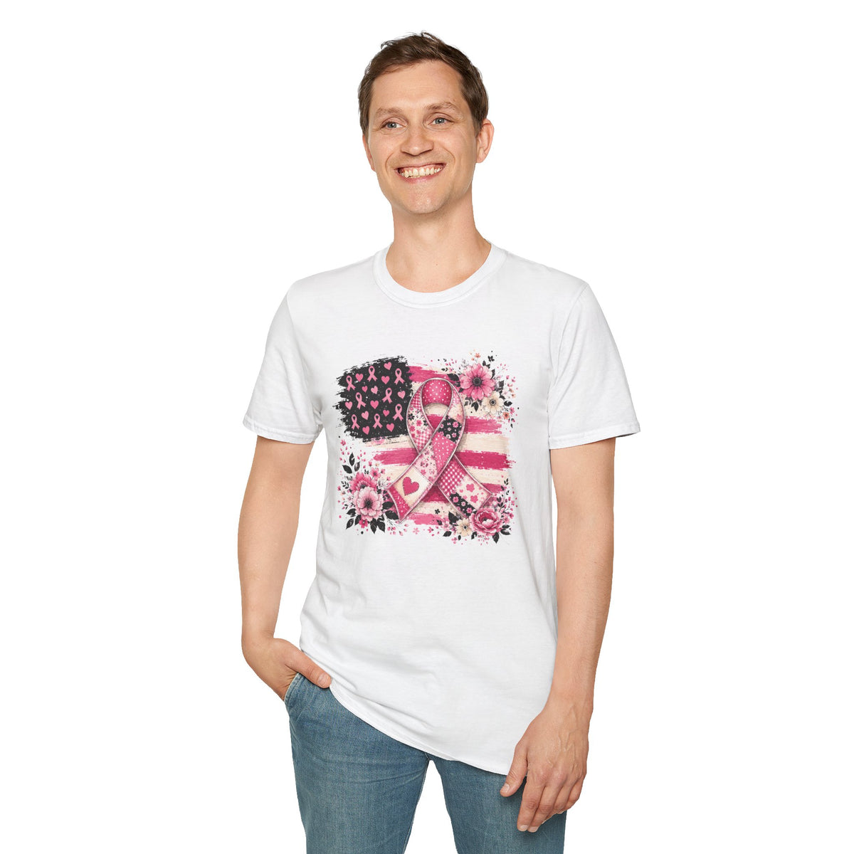 Breast Cancer Awareness Ribbon Tee — Pink Flag Floral Support