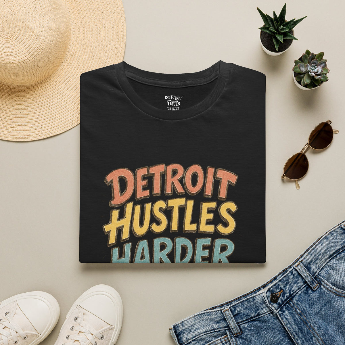 Detroit Hustles Harder T-Shirt — Retro Motivational Tee for Detroit Pride & Hustle