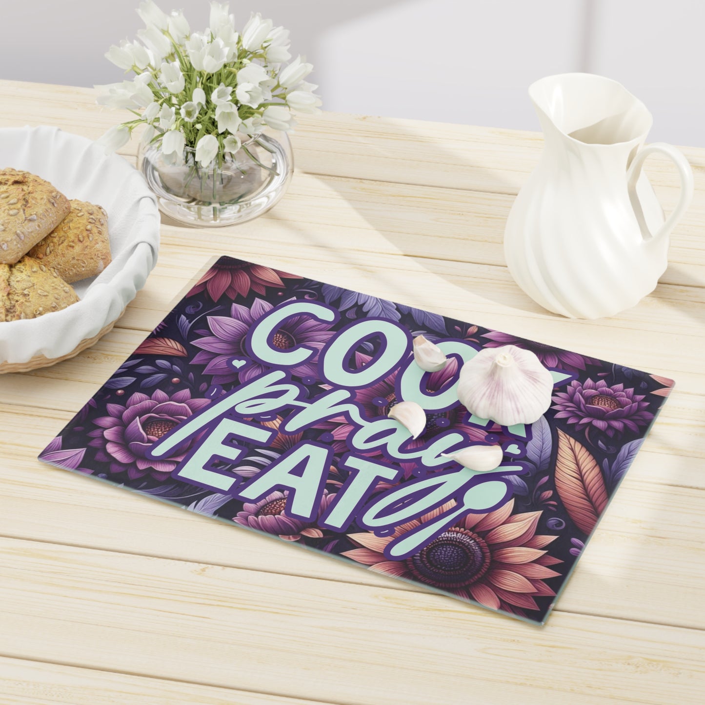 Cook Pray Eat Glass Cutting Board