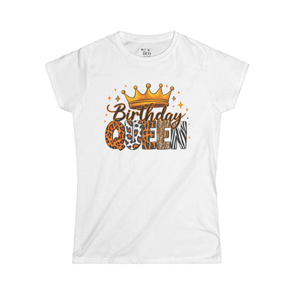 Birthday Queen Tee | Women's Softstyle Shirt for Celebrations, Party Fashion, Birthday Gift, Casual Wear, Animal Print Style