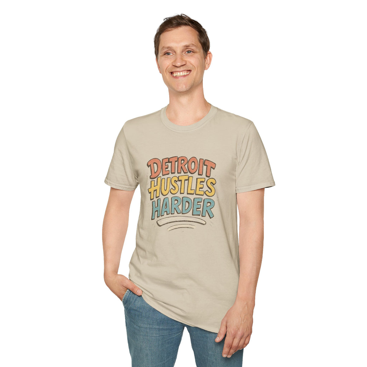 Detroit Hustles Harder T-Shirt — Retro Motivational Tee for Detroit Pride & Hustle