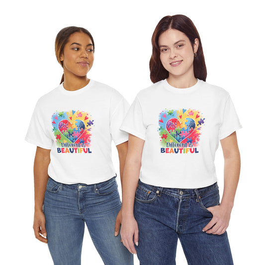 Autism Awareness T-Shirt – 'Different is Beautiful' Colorful Puzzle Heart Tee